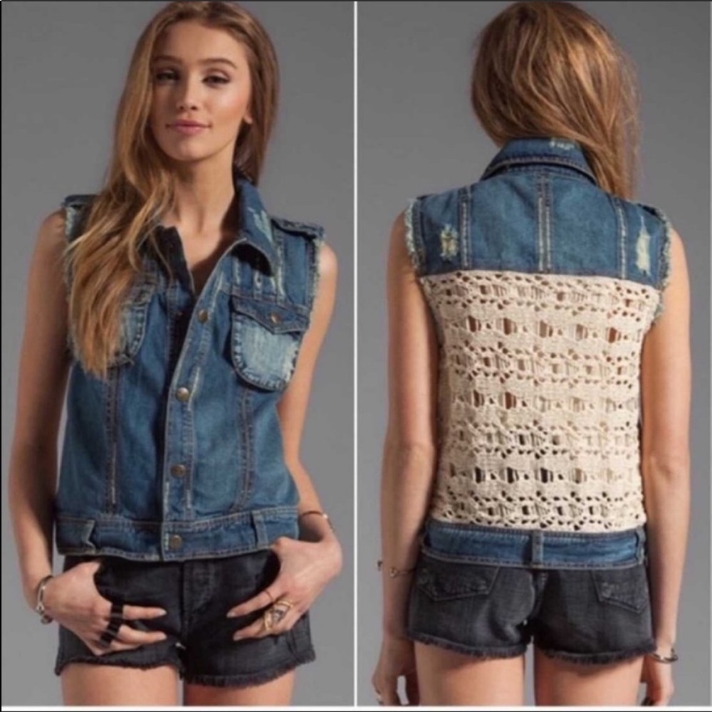 Free People Crochet Denim Vest